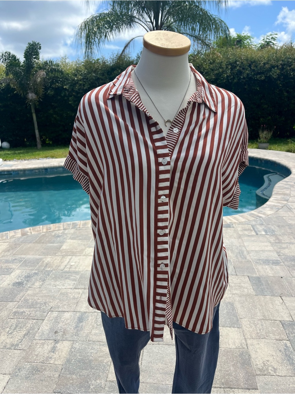 Jane + Delancey XL Rust Cream Mixed Stripe Oversized Rayon Button Up